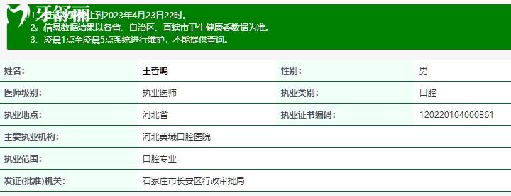 王哲鳴口腔醫(yī)生執(zhí)業(yè)資質(zhì)查詢