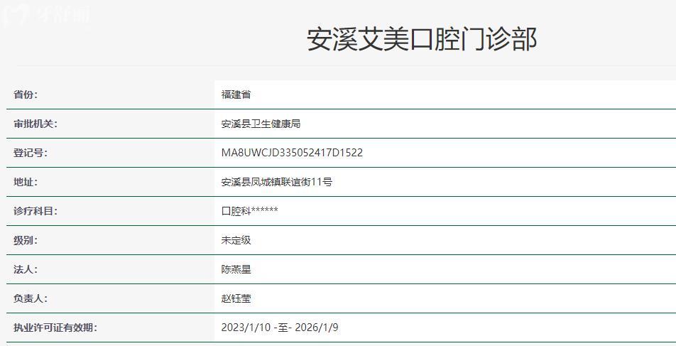泉州安溪艾美口腔門(mén)診部衛(wèi)健委資料