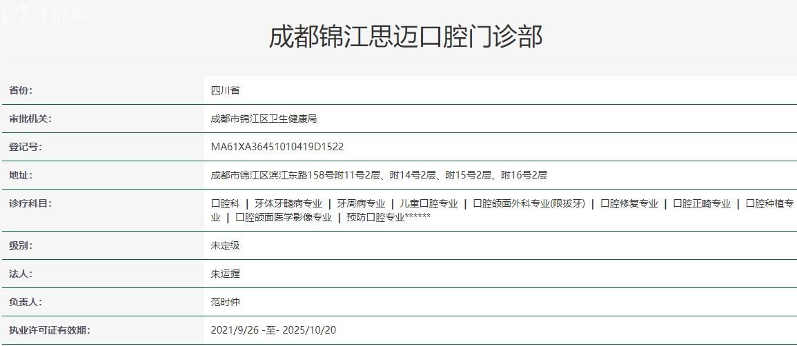 成都錦江思邁口腔門診部衛(wèi)健委資料查詢