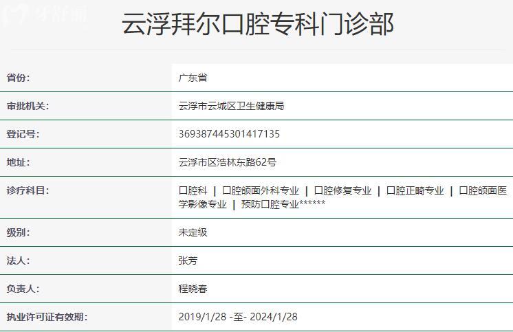 云浮拜爾口腔?？崎T診部資質(zhì)