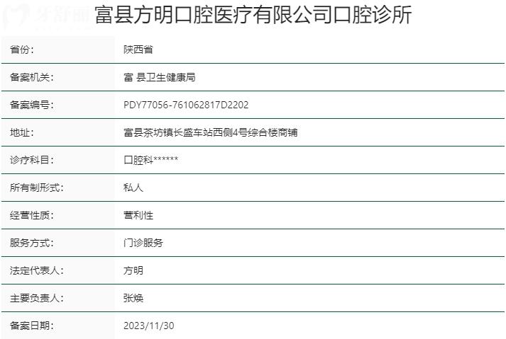 延安富縣方明口腔醫(yī)療有限公司口腔診所資質(zhì)