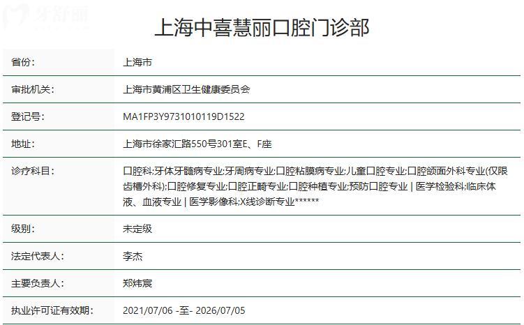 上海中喜慧麗口腔門(mén)診部衛(wèi)健委資質(zhì)